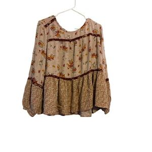 Maurices Blouse Women 2X Pink Floral Mixed Print Boho Peplum Long Sleeve